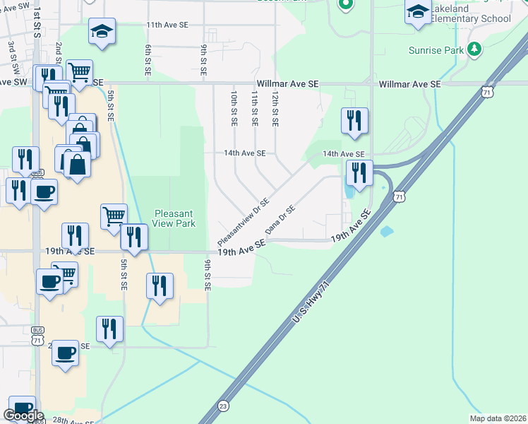 map of restaurants, bars, coffee shops, grocery stores, and more near 904 Pleasantview Drive Southeast in Willmar