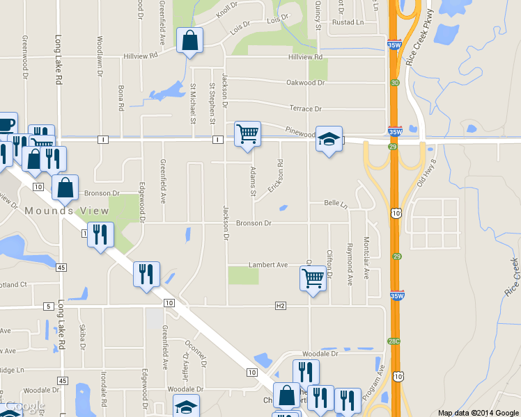 map of restaurants, bars, coffee shops, grocery stores, and more near 5420 Adams Street in Mounds View