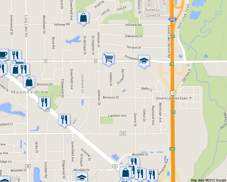 map of restaurants, bars, coffee shops, grocery stores, and more near 5420 Adams Street in Mounds View