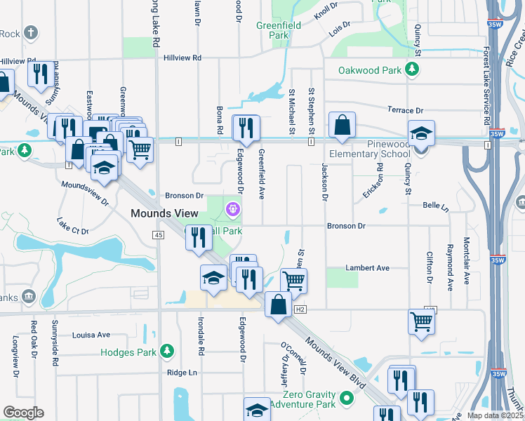 map of restaurants, bars, coffee shops, grocery stores, and more near 7530 Greenfield Avenue in Mounds View