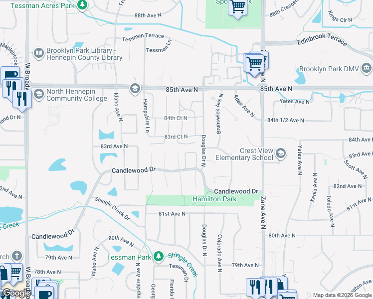 map of restaurants, bars, coffee shops, grocery stores, and more near 6332 82nd Place North in Minneapolis