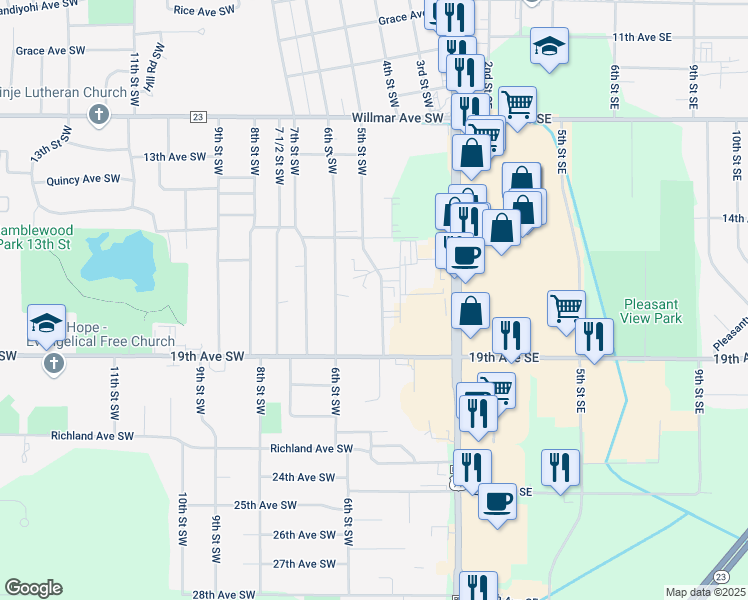 map of restaurants, bars, coffee shops, grocery stores, and more near 1700 5th Street Southwest in Willmar