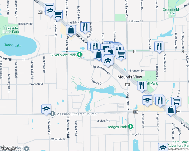 map of restaurants, bars, coffee shops, grocery stores, and more near 2737 Lake Court Drive in Saint Paul