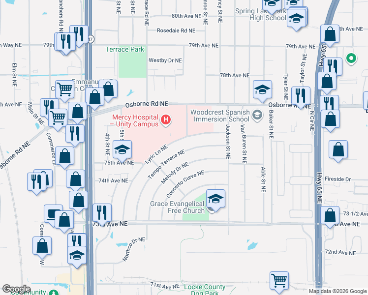 map of restaurants, bars, coffee shops, grocery stores, and more near 7525 Tempo Terrace Northeast in Fridley