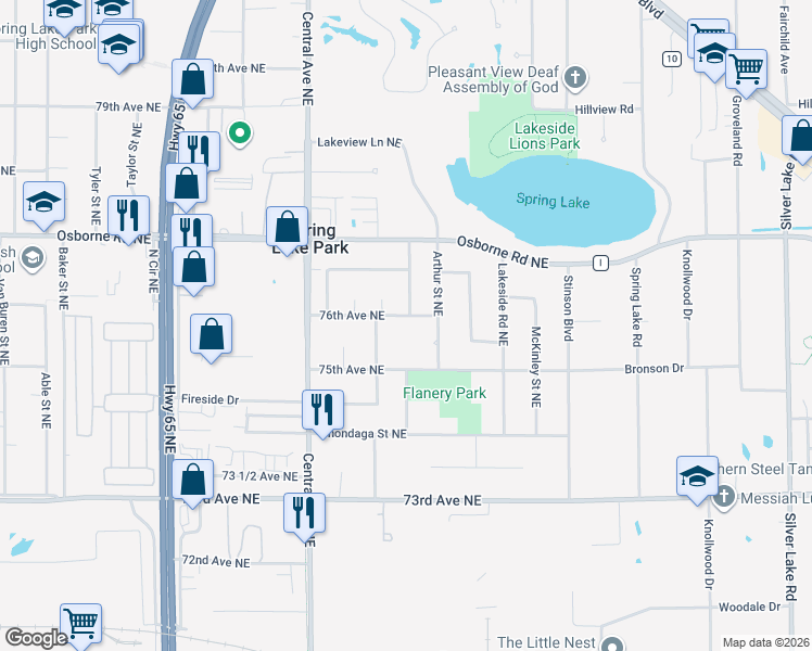 map of restaurants, bars, coffee shops, grocery stores, and more near 1444 76th Avenue in Fridley