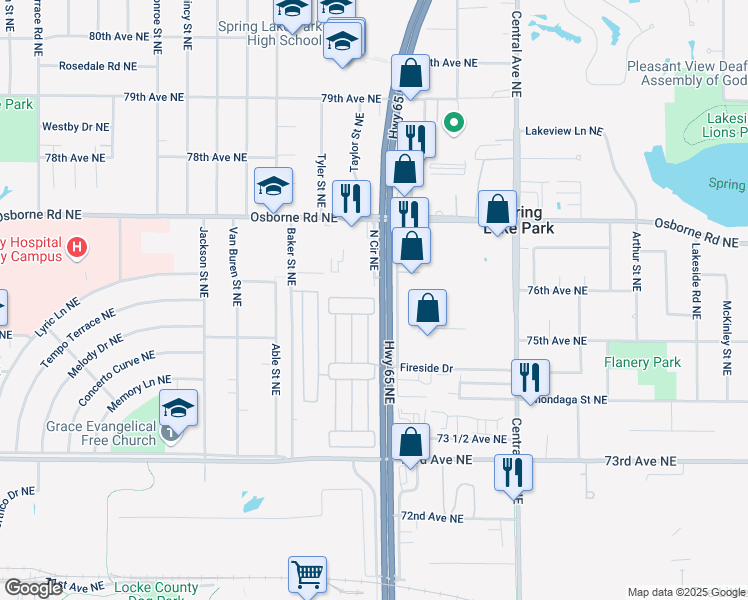 map of restaurants, bars, coffee shops, grocery stores, and more near 1076 North Circle Northeast in Fridley