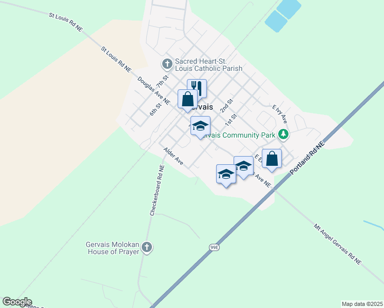 map of restaurants, bars, coffee shops, grocery stores, and more near 100 1st Street in Gervais