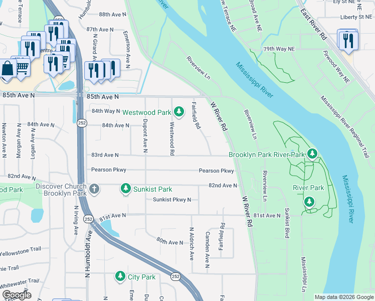 map of restaurants, bars, coffee shops, grocery stores, and more near 809 83rd Avenue North in Minneapolis