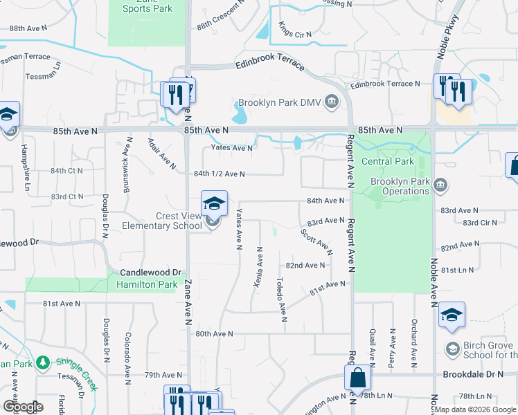 map of restaurants, bars, coffee shops, grocery stores, and more near 5516 83rd Avenue North in Minneapolis