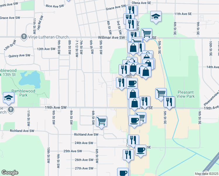 map of restaurants, bars, coffee shops, grocery stores, and more near 1700 5th Street Southwest in Willmar