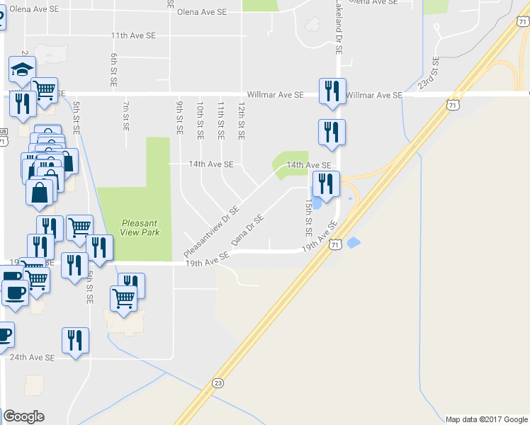 map of restaurants, bars, coffee shops, grocery stores, and more near 1208 Dana Drive Southeast in Willmar