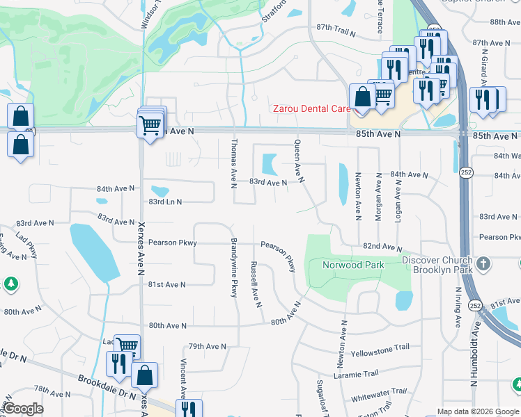 map of restaurants, bars, coffee shops, grocery stores, and more near 8220 Sheridan Avenue North in Minneapolis