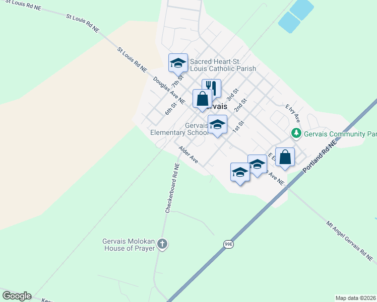 map of restaurants, bars, coffee shops, grocery stores, and more near 120 3rd Street in Gervais