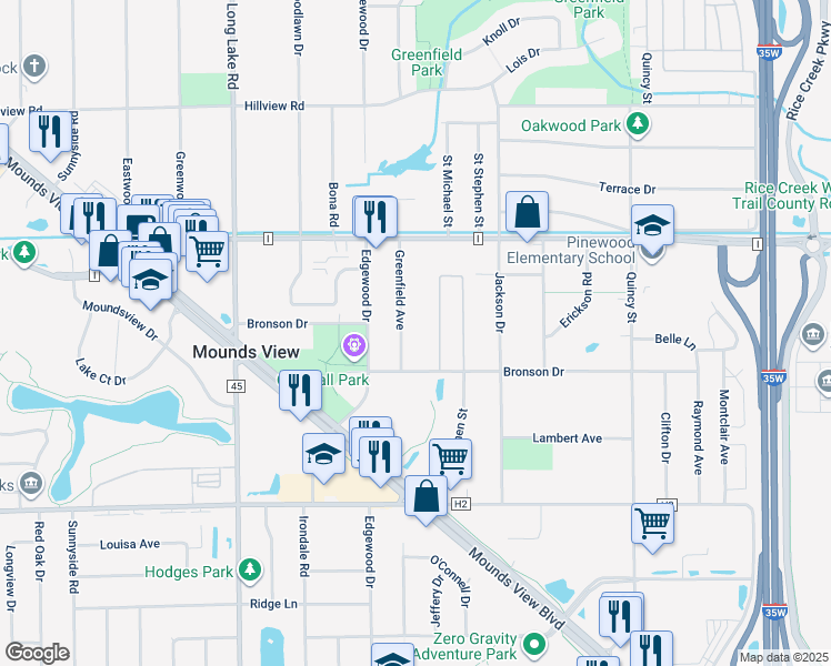 map of restaurants, bars, coffee shops, grocery stores, and more near 7530 Greenfield Avenue in Mounds View