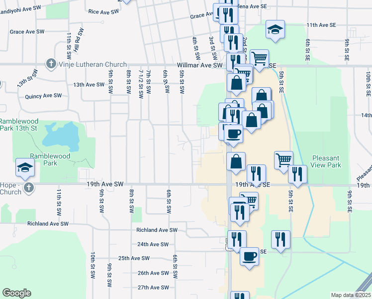 map of restaurants, bars, coffee shops, grocery stores, and more near 1700 5th Street Southwest in Willmar