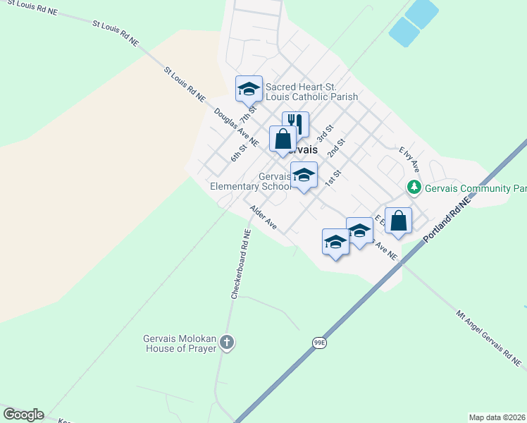 map of restaurants, bars, coffee shops, grocery stores, and more near 120 3rd Street in Gervais