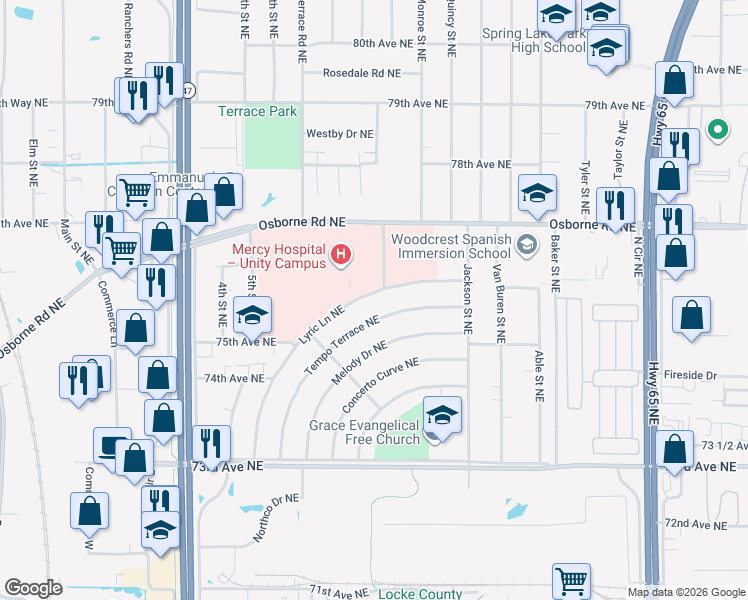 map of restaurants, bars, coffee shops, grocery stores, and more near 7539 Lyric Lane Northeast in Fridley
