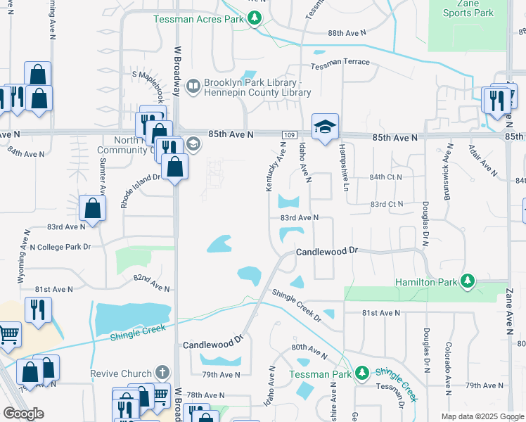 map of restaurants, bars, coffee shops, grocery stores, and more near 8265 Kentucky Avenue North in Minneapolis