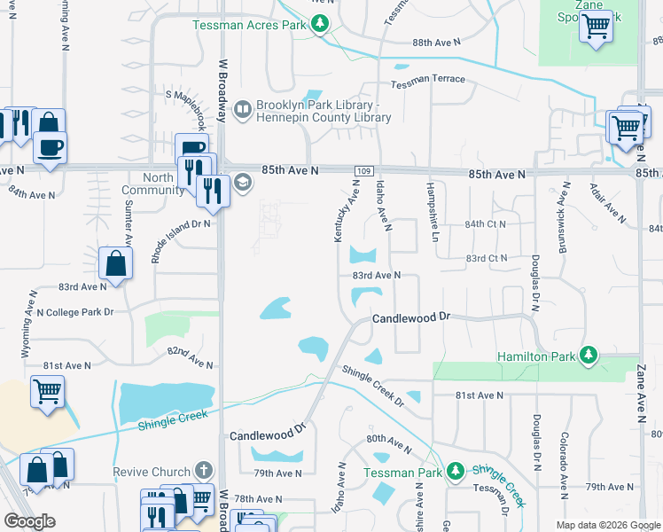 map of restaurants, bars, coffee shops, grocery stores, and more near 8265 Kentucky Avenue North in Minneapolis