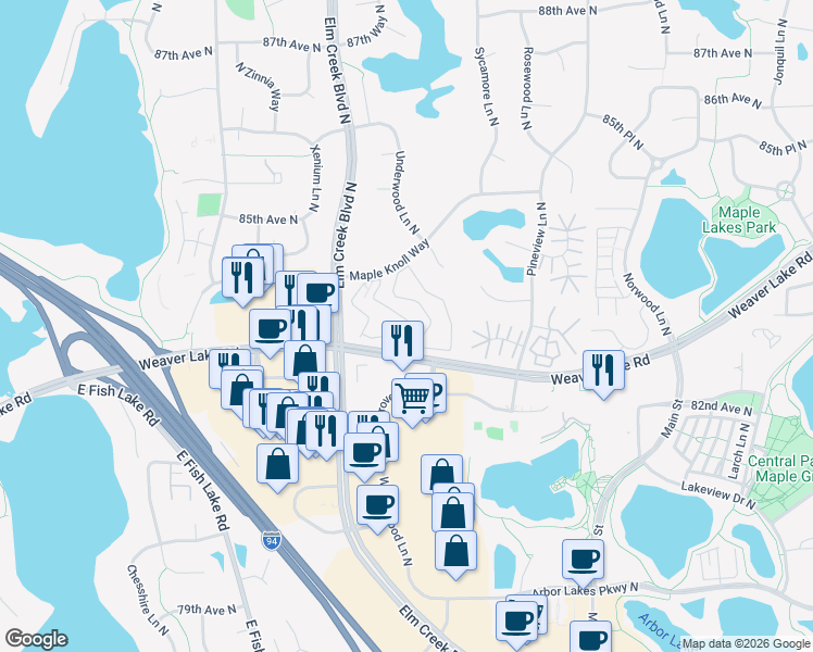 map of restaurants, bars, coffee shops, grocery stores, and more near 13301 Maple Knoll Way in Maple Grove