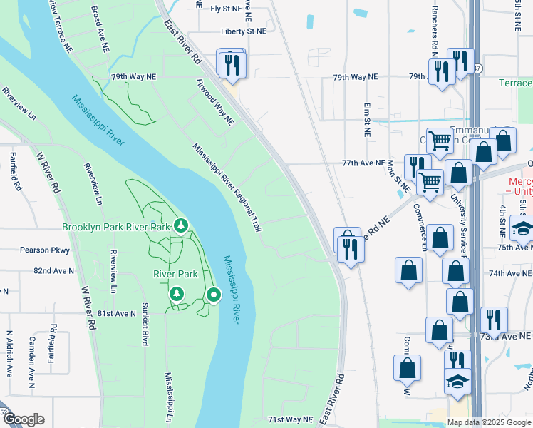 map of restaurants, bars, coffee shops, grocery stores, and more near 150 Rickard Road Northeast in Fridley