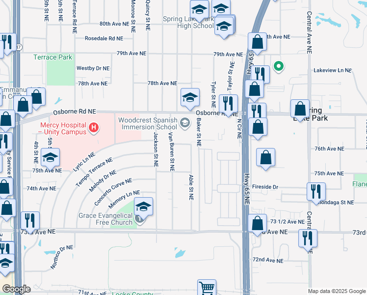 map of restaurants, bars, coffee shops, grocery stores, and more near 7528 Able Street Northeast in Fridley