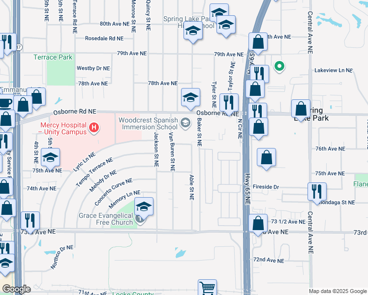 map of restaurants, bars, coffee shops, grocery stores, and more near 7528 Able Street Northeast in Fridley