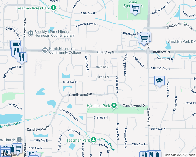 map of restaurants, bars, coffee shops, grocery stores, and more near 8232 Georgia Court North in Minneapolis