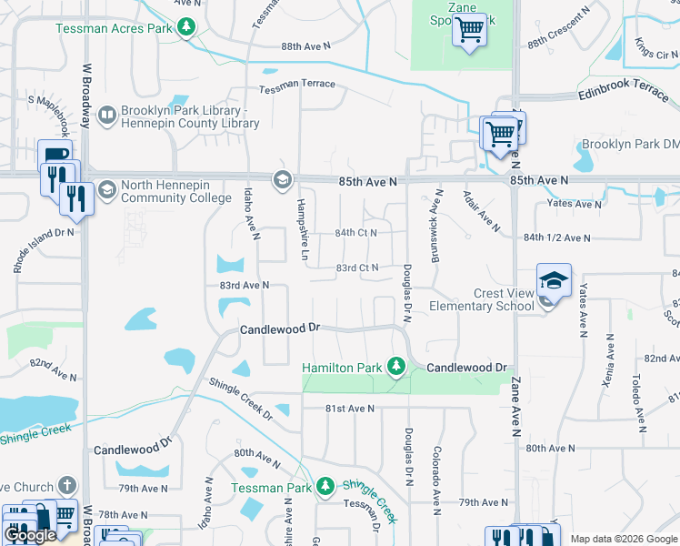 map of restaurants, bars, coffee shops, grocery stores, and more near 8232 Georgia Court North in Minneapolis