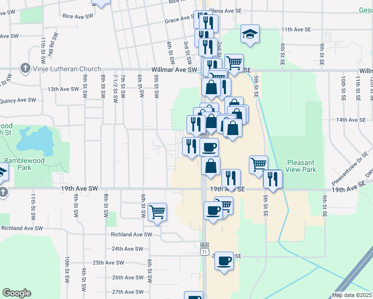 map of restaurants, bars, coffee shops, grocery stores, and more near 1512 1st Street South in Willmar