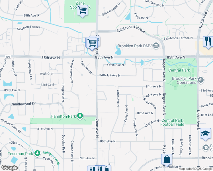 map of restaurants, bars, coffee shops, grocery stores, and more near 5803 84th 1/2 Avenue North in Minneapolis