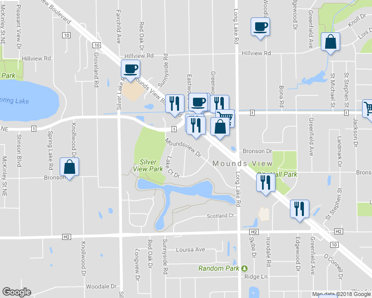 map of restaurants, bars, coffee shops, grocery stores, and more near 2798 Lake Court Circle in Mounds View