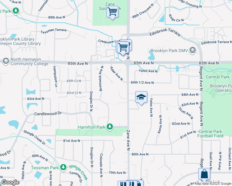 map of restaurants, bars, coffee shops, grocery stores, and more near 48 Unassigned in Brooklyn Park