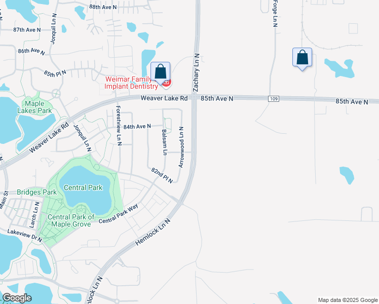 map of restaurants, bars, coffee shops, grocery stores, and more near 6040 83rd Avenue North in Maple Grove