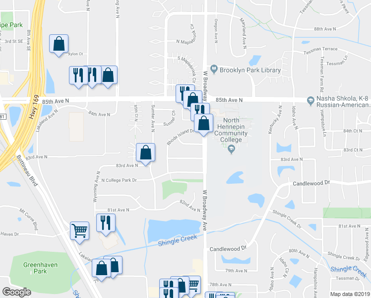 map of restaurants, bars, coffee shops, grocery stores, and more near 7516 84th Avenue North in Minneapolis