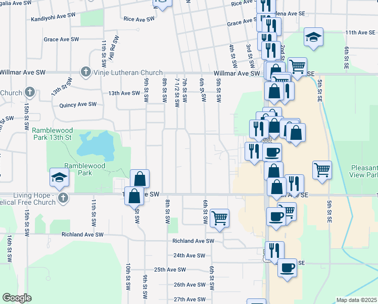 map of restaurants, bars, coffee shops, grocery stores, and more near 1505 7th Street Southwest in Willmar
