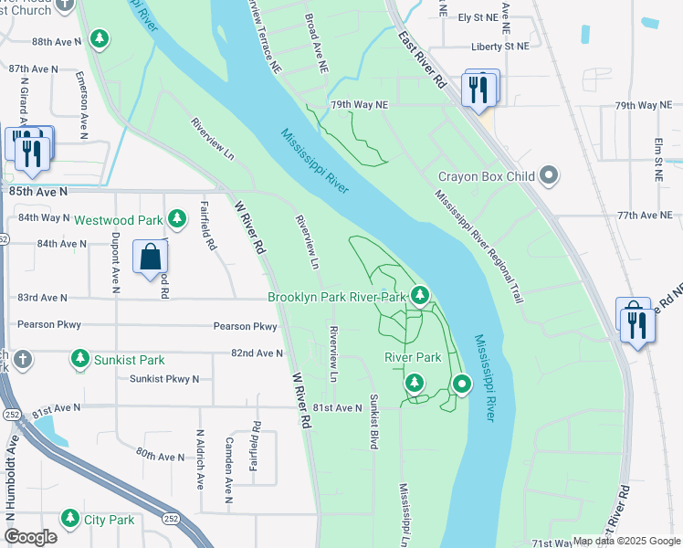 map of restaurants, bars, coffee shops, grocery stores, and more near 8316 Riverview Lane in Brooklyn Park