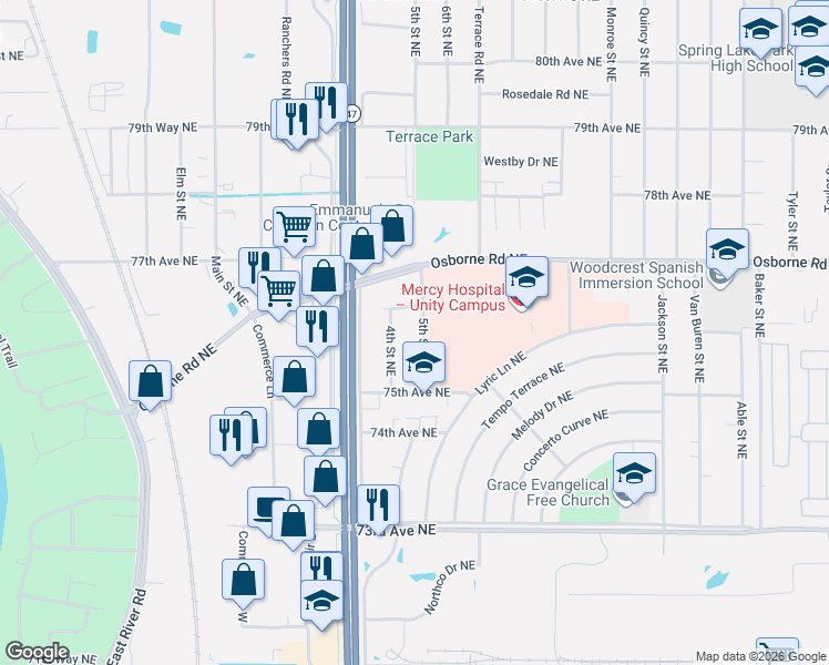 map of restaurants, bars, coffee shops, grocery stores, and more near 7574 5th Street Northeast in Fridley