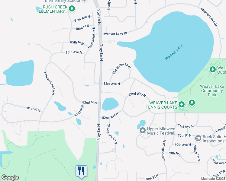 map of restaurants, bars, coffee shops, grocery stores, and more near 18140 82nd Place North in Osseo