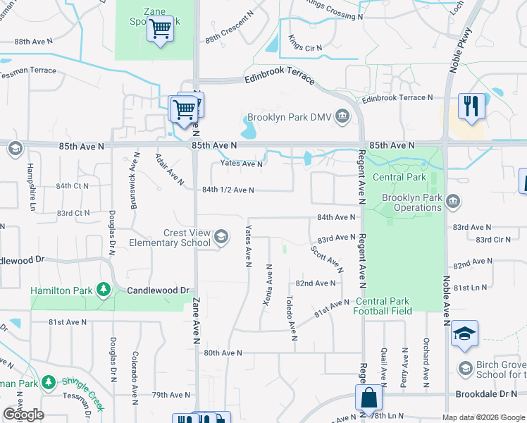 map of restaurants, bars, coffee shops, grocery stores, and more near 5539 84th 1/2 Avenue North in Minneapolis