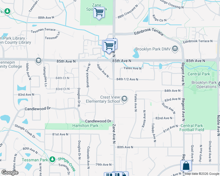 map of restaurants, bars, coffee shops, grocery stores, and more near 8401 Adair Avenue North in Minneapolis