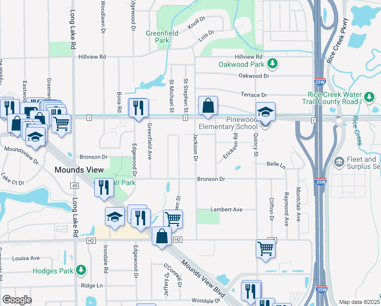 map of restaurants, bars, coffee shops, grocery stores, and more near 5445 Jackson Drive in Saint Paul