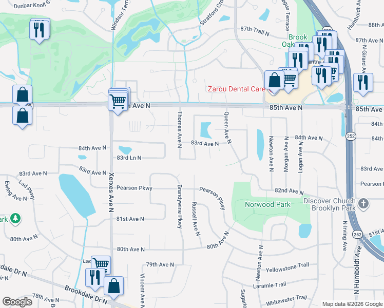 map of restaurants, bars, coffee shops, grocery stores, and more near 8224 Thomas Avenue North in Minneapolis