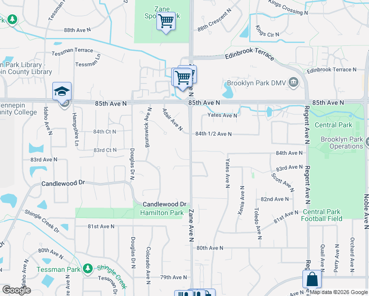 map of restaurants, bars, coffee shops, grocery stores, and more near 8401 Adair Avenue North in Minneapolis