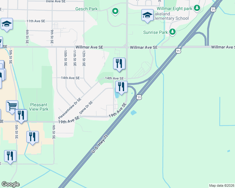 map of restaurants, bars, coffee shops, grocery stores, and more near 1601 15th Street Southeast in Willmar