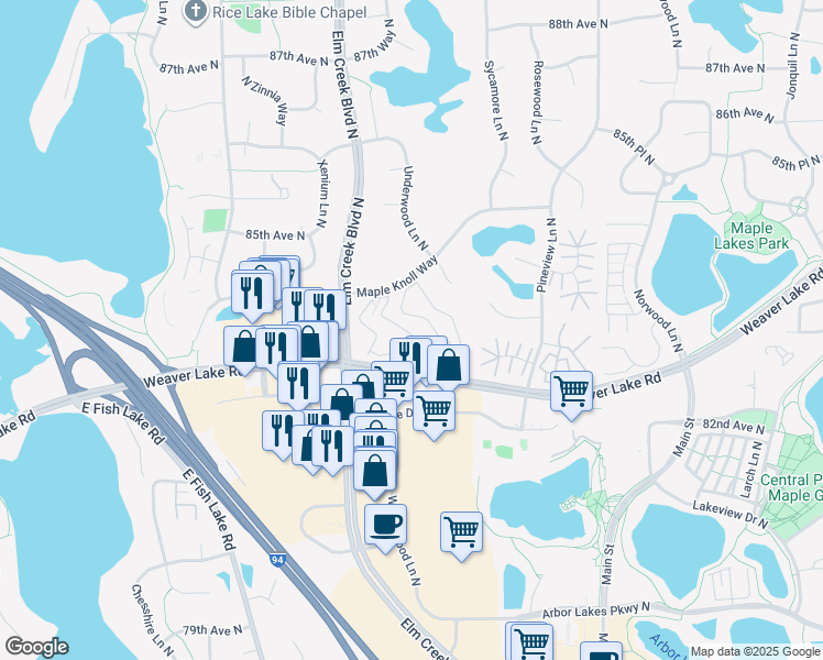 map of restaurants, bars, coffee shops, grocery stores, and more near 13301 Maple Knoll Way in Maple Grove