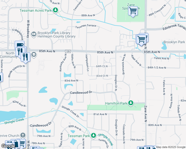 map of restaurants, bars, coffee shops, grocery stores, and more near 6602 83rd Court North in Brooklyn Park