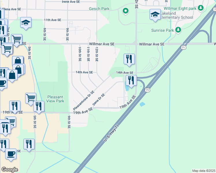 map of restaurants, bars, coffee shops, grocery stores, and more near 1204 Pleasantview Drive Southeast in Willmar