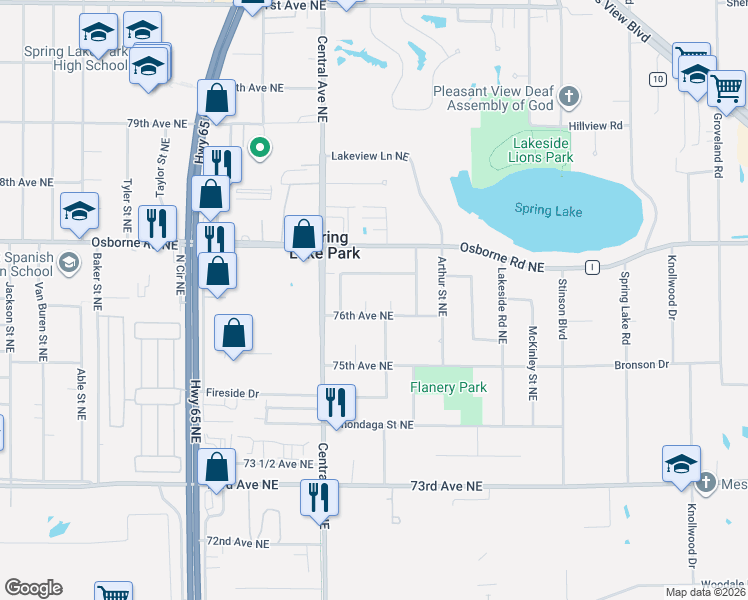map of restaurants, bars, coffee shops, grocery stores, and more near 1402 Meadowmoor Drive Northeast in Fridley