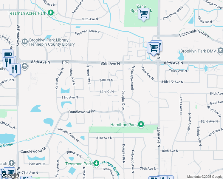 map of restaurants, bars, coffee shops, grocery stores, and more near 6418 83rd Court North in Minneapolis